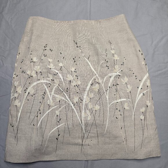 Anne Taylor Loft 100% Linen Natural Tan Beaded Floral Lined Skirt Size 6P - Picture 1 of 6